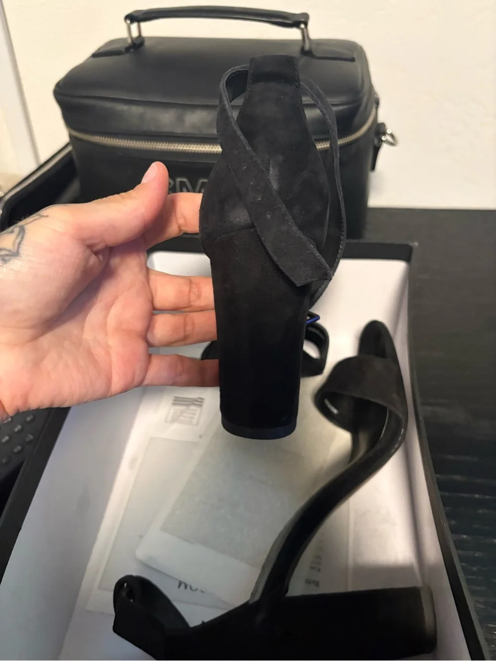 Pelle Moda Black Suede Ankle-Tie Block Heels